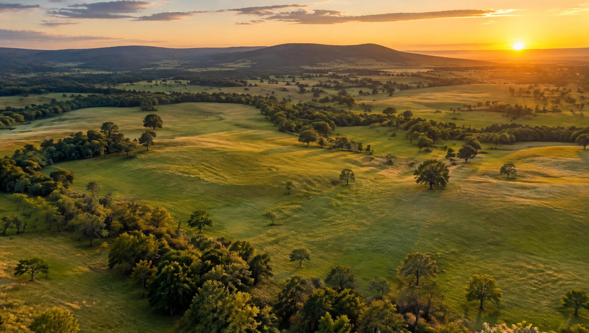 Rolling rural acreage at golden hour